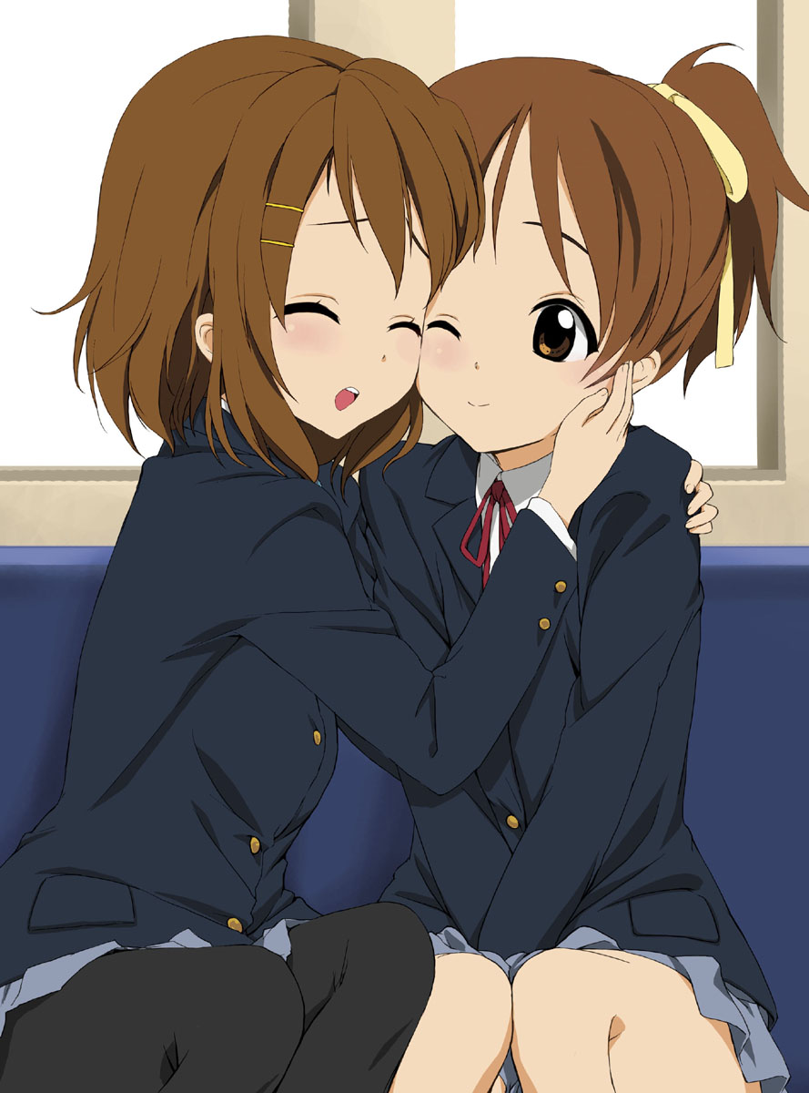 bad_id brown_eyes brown_hair closed_eyes gen@chikuwa highres hirasawa_ui hirasawa_yui hug jpeg_artifacts k-on! multiple_girls pantyhose ponytail school_uniform seifuku short_hair siblings sisters wink