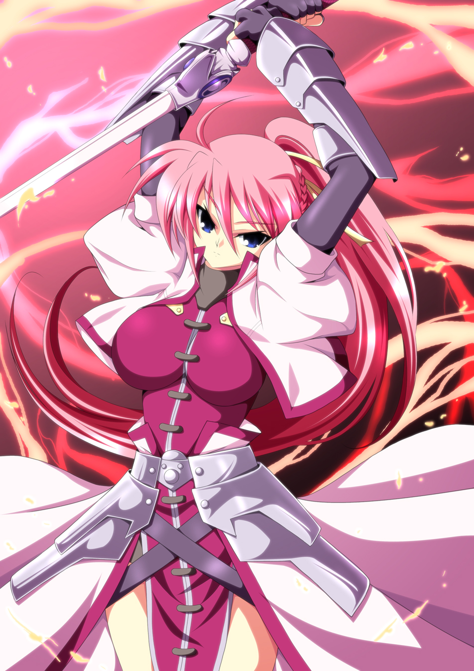 arms_up blue_eyes breasts fingerless_gloves fire gauntlets gloves hair_ribbon highres ka2 large_breasts levantine long_hair mahou_shoujo_lyrical_nanoha mahou_shoujo_lyrical_nanoha_a's mahou_shoujo_lyrical_nanoha_a's pink_hair ponytail ribbon signum solo sword thighs weapon