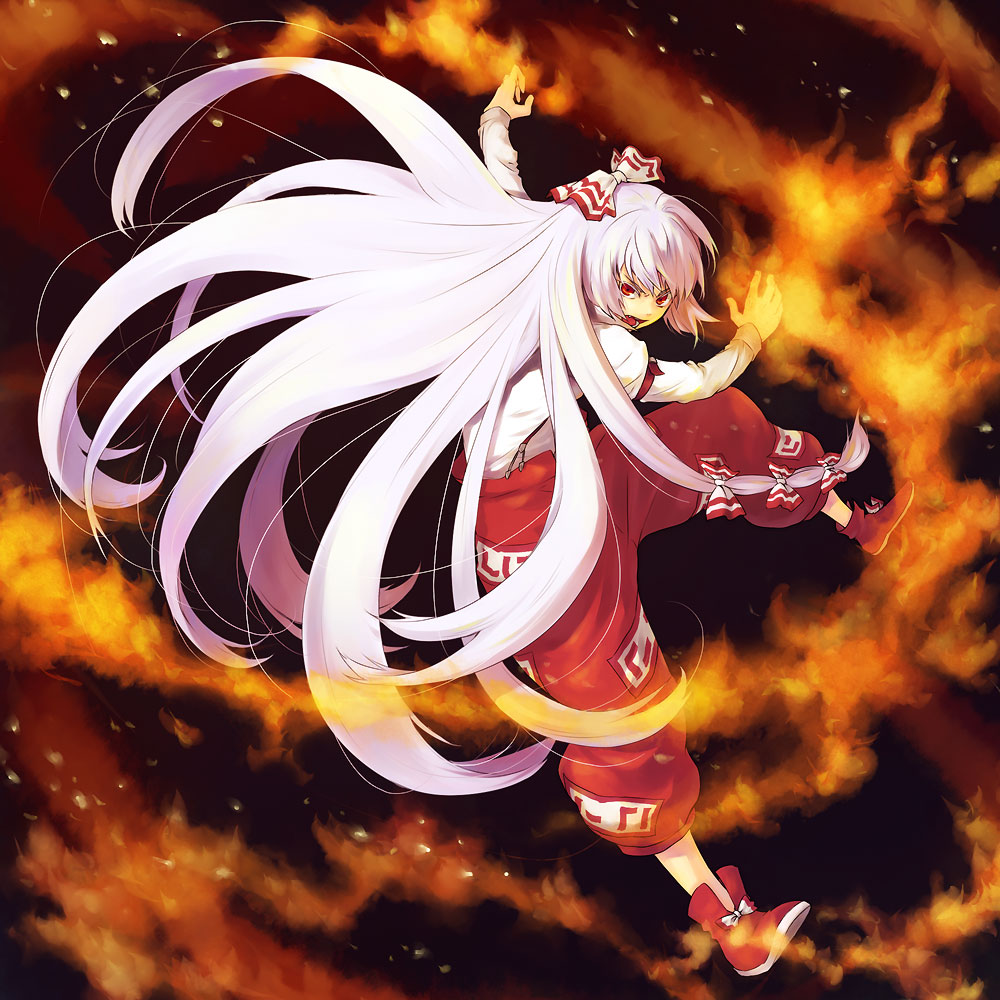 angry bow fire fujiwara_no_mokou hair_ribbon kinuko_(artist) long_hair open_mouth red_eyes ribbon silver_hair solo tomobe_kinuko touhou very_long_hair