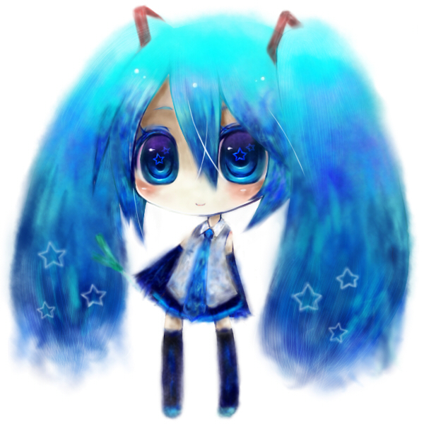 bad_id blue_eyes blue_hair chibi detached_sleeves hatsune_miku long_hair rabbitsoul-y simple_background skirt solo spring_onion star thigh-highs thighhighs twintails vocaloid white_background zettai_ryouiki