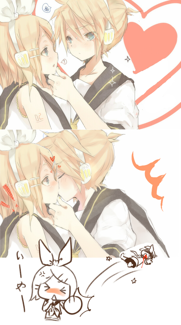 ? angry blonde_hair blood blue_eyes blush brother_and_sister hair_ornament hair_ribbon hairclip heart heca incest kagamine_len kagamine_rin kiss mouthbleed punch punching ribbon sailor_collar short_hair siblings sweat twincest twins vocaloid