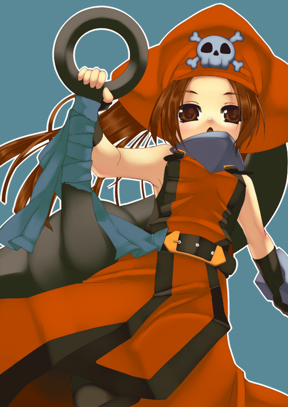 blush brown_eyes brown_hair guilty_gear hat havemoon huge_weapon long_hair may may_(guilty_gear) weapon