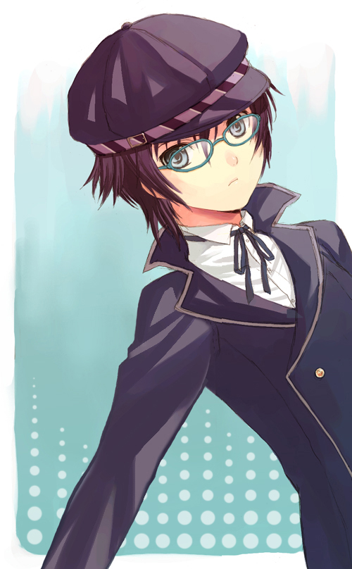 androgynous blue_eyes blue_hair cabbie_hat glasses hat hijiri_ruka persona persona_4 reverse_trap school_uniform shirogane_naoto short_hair solo