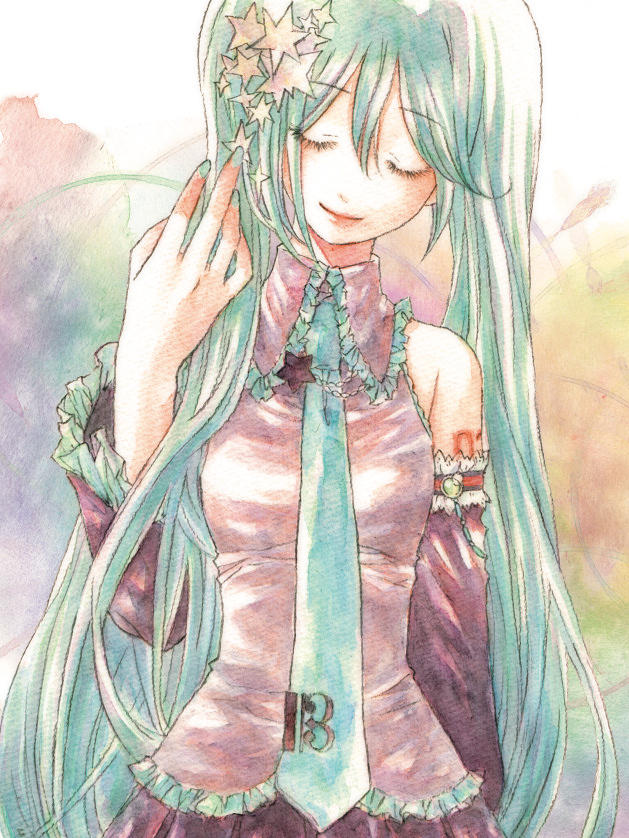 a-gatha aqua_hair bad_id closed_eyes detached_sleeves embellished_costume frills hatsune_miku long_hair necktie skirt smile solo star traditional_media twintails vocaloid watercolor_(medium)