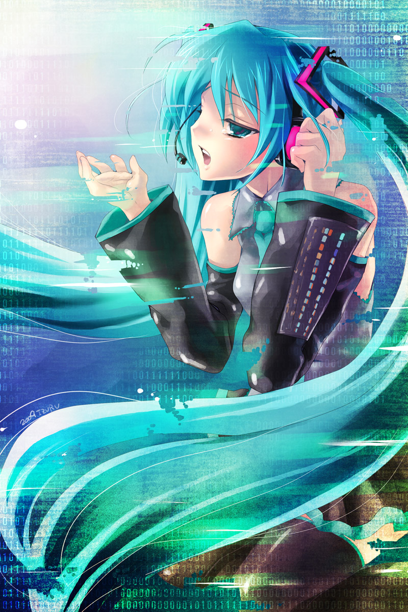 aqua_eyes aqua_hair bad_id bare_shoulders binary black_legwear black_thighhighs detached_sleeves digital_dissolve hatsune_miku hatsune_miku_no_shoushitsu_(vocaloid) headset highres kneeling long_hair nekou_izuru signature solo tears thigh-highs thighhighs very_long_hair vocaloid