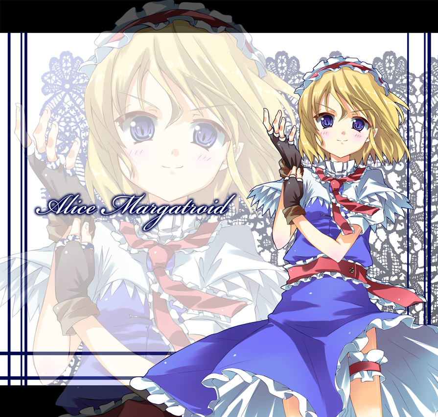 alice_margatroid bad_id blonde_hair blue_eyes character_name fingerless_gloves garters gloves hairband legband short_hair solo subachi touhou zoom_layer