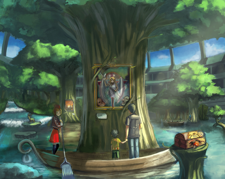 flick_(artist) gondola museum original painting river skirt thigh-highs thighhighs tree water