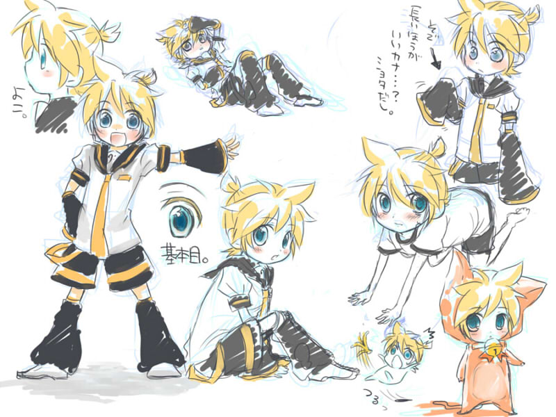 800x600 asata bad_id banana_peel bell blonde_hair blue_eyes cat_costume catsuit chibi detached_sleeves eringihata eyes falling hand_on_hip happy kagamine_len leaning long_sleeves lying male necktie open_mouth ribbon short_hair sitting sketch smile standing thinking translated vocaloid wallpaper