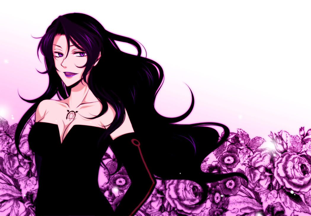 bare_shoulders black_dress black_hair breasts cleavage dress elbow_gloves flower fullmetal_alchemist gloves hexagram homunculus lipstick long_hair lust mutsuki_futako mutsukifutako_(pixiv) ouroboros purple purple_eyes purple_lipstick solo tattoo violet_eyes wavy_hair