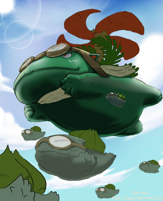 artist_request bulbasaur clothed_pokemon cloud epic flying goggles no_humans pokemon pokemon_(creature) scarf sky venusaur