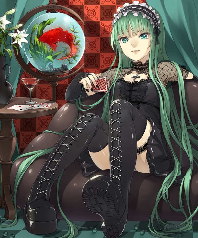 boots bridal_gauntlets card cross fish flower frills garters glass gothic gothic_lolita green_eyes green_hair hairband holding holding_card lolita_fashion long_hair lying_card marble nail_polish original ryou_(kimagure) sitting thigh-highs thigh_boots thighhighs very_long_hair