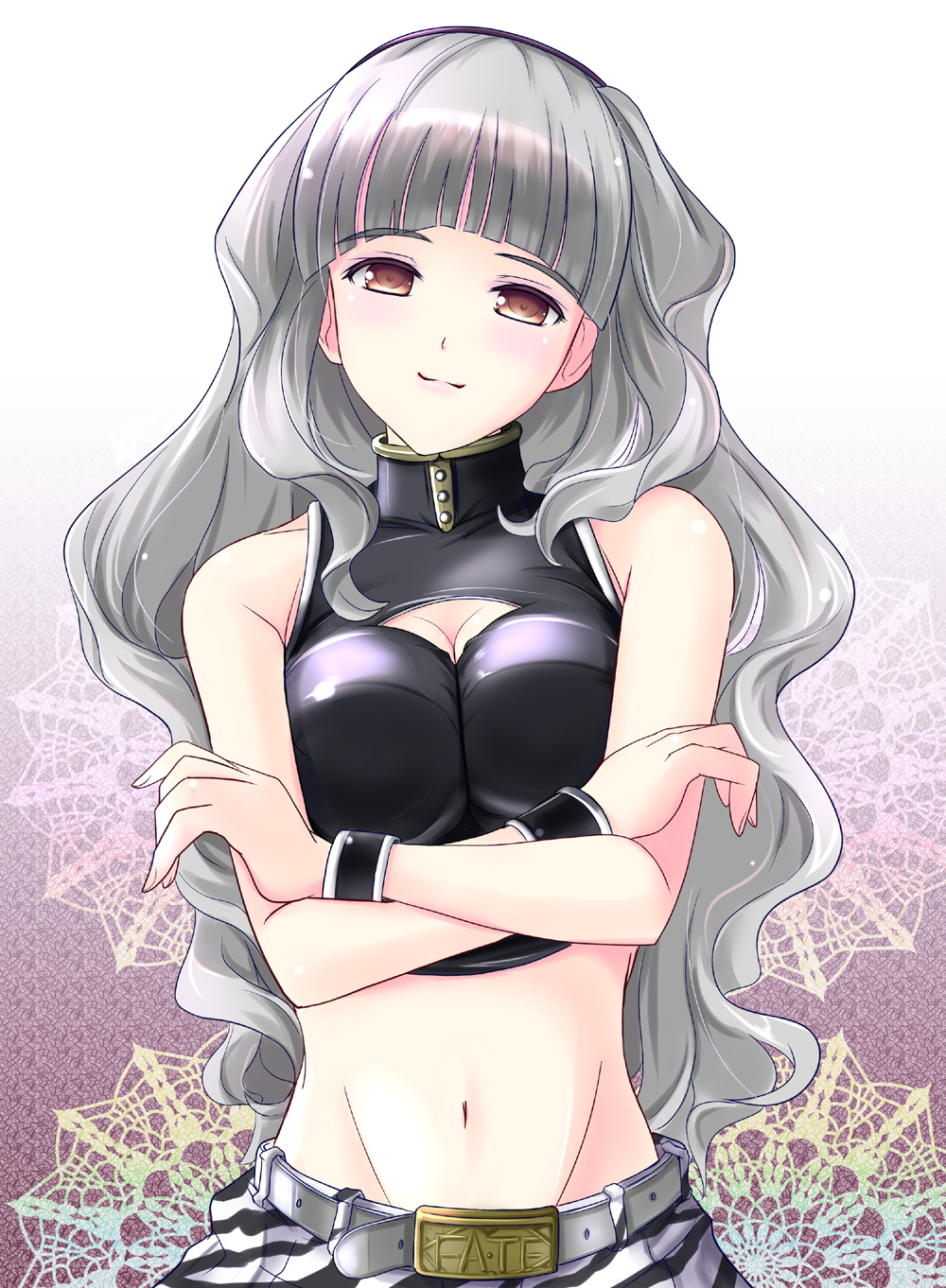 blush breasts cleavage hairband highres idolmaster midriff navel shijou_takane silver_hair solo suishin_(pixiv542345) suishin_(pixiv54529) yellow_eyes