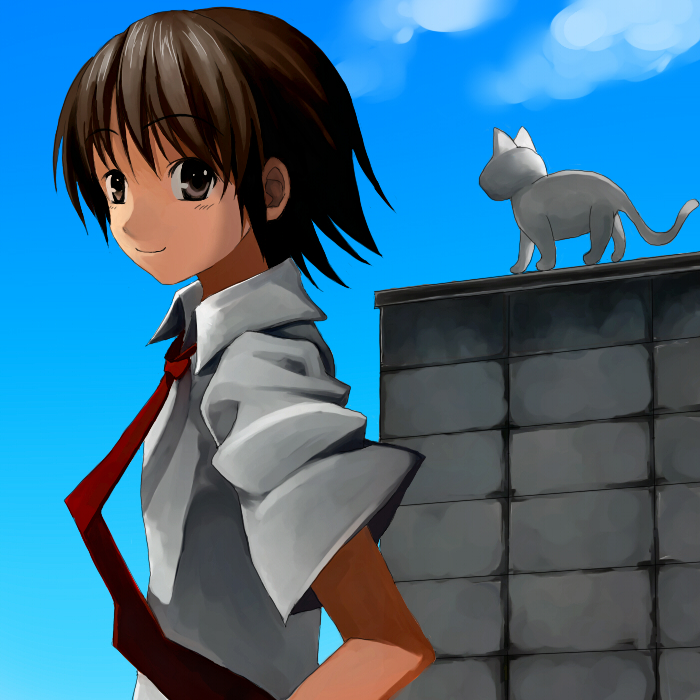 bad_id bob_cut brown_eyes brown_hair cat little_busters! little_busters!! male naoe_riki necktie niko_(486100) school_uniform short_hair solo wall