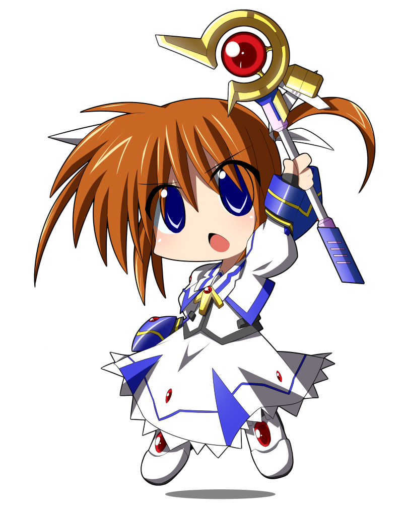 blue_eyes brown_hair chibi hair_ribbon mahou_shoujo_lyrical_nanoha mahou_shoujo_lyrical_nanoha_the_movie_1st open_mouth purple_eyes raising_heart ribbon short_twintails simple_background takamachi_nanoha twintails