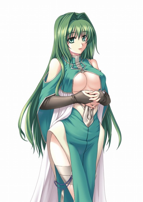1girl bare_shoulders breasts bridal_gauntlets cleavage_cutout detached_sleeves dress elbow_gloves elleinduse_ol_tightrantell ellendus gloves green_eyes green_hair hair_intakes hands_clasped kannatsuki_noboru large_breasts long_hair no_bra official_art shinkyoku_soukai_polyphonica simple_background smile solo standing thigh_strap thighhighs turtleneck underboob very_long_hair wide_hips