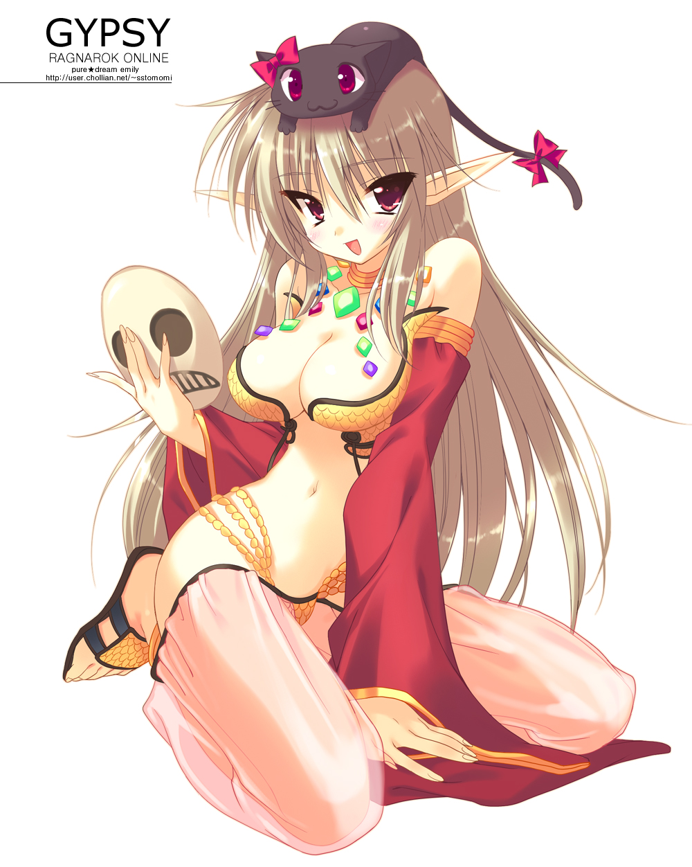 bare_shoulders bikini_top blush breasts brown_hair cat cat_on_head cleavage detached_sleeves drooping_cat emily_(pure_dream) feet goblin_mask gypsy gypsy_(ragnarok) gypsy_(ragnarok_online) harem_pants hat highres jewelry large_breasts long_hair mask midriff navel pointy_ears purple_eyes ragnarok_online sandals simple_background solo sstomomi toes violet_eyes