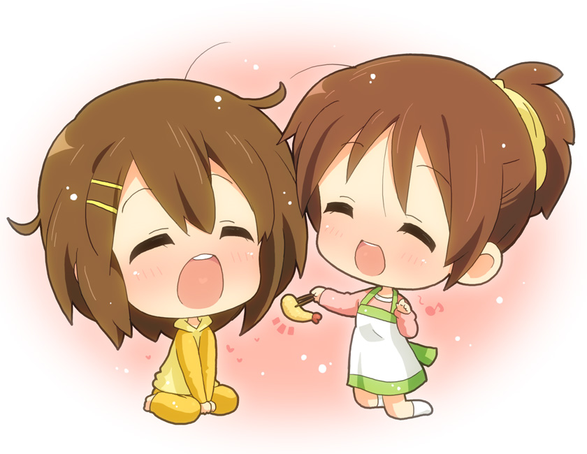 apron brown_hair chibi chopsticks closed_eyes crustacean feeding food hahifuhe hair_ornament hairclip hirasawa_ui hirasawa_yui k-on! multiple_girls open_mouth short_hair shrimp shrimp_tempura tempura