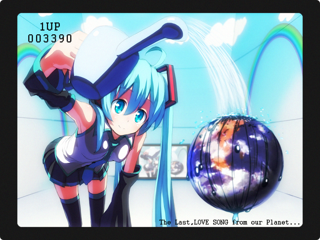 ahoge aqua_eyes aqua_hair detached_sleeves earth hatsune_miku hello_planet_(vocaloid) hipoguri kasuga_ayumu_(artist) necktie perspective rainbow skirt smile thigh-highs thighhighs twintails vocaloid water watering_can zettai_ryouiki