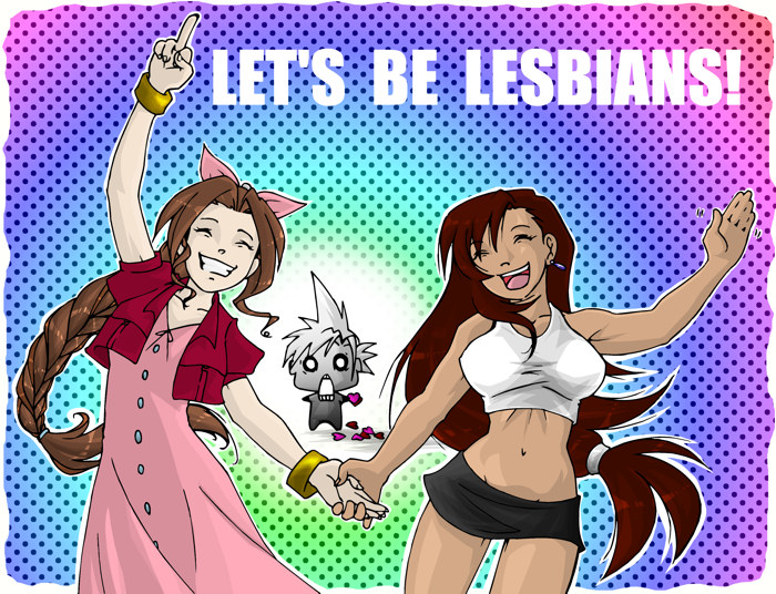 aerith_gainsborough cloud_strife final_fantasy final_fantasy_vii happy macro smile tifa_lockhart yuri