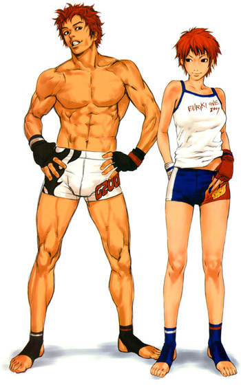 1boy 1girl abs buriki_one fingerless_gloves gloves hands_on_hips hiroaki_(artist) hiroaki_(kof) mixed_martial_arts muscle red_hair redhead short_hair shorts snk tank_top tendo_gai toeless_socks tonou_hinako topless