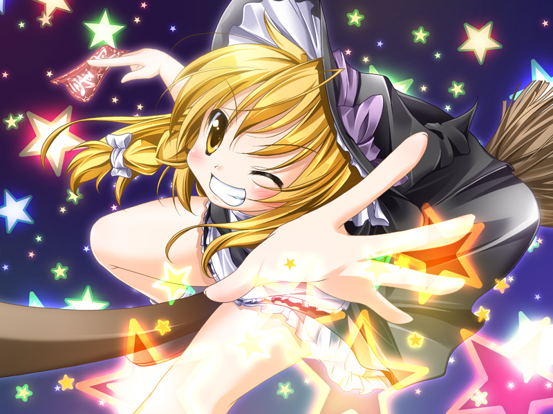 broom broom_riding foreshortening grin hands hat kirisame_marisa masaki_kei outstretched_arm outstretched_hand reaching smile touhou wink witch witch_hat
