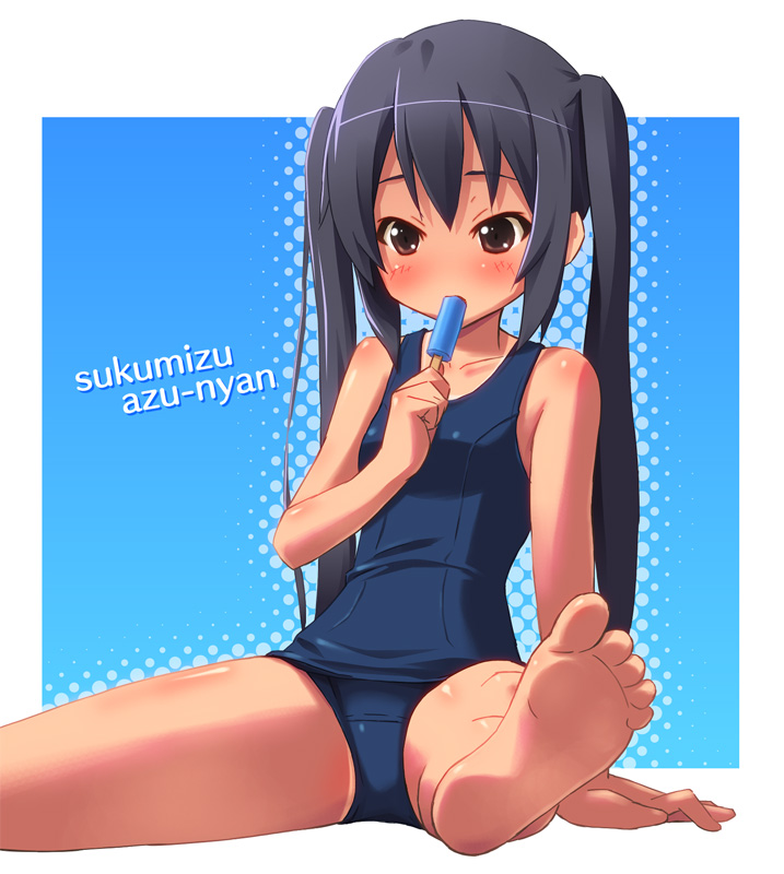 bare_shoulders black_hair blush brown_eyes feet k-on! long_hair nakano_azusa one-piece one-piece_swimsuit popsicle ramble school_swimsuit sitting soles solo spread_legs swimsuit tan_lines twintails