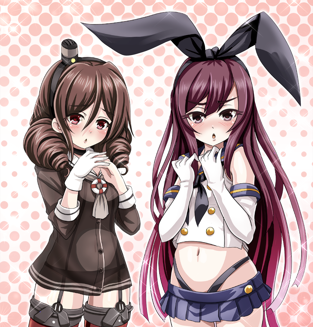 2girls :o amatsukaze_(kantai_collection) amatsukaze_(kantai_collection)_(cosplay) bikini black_hat black_ribbon blue_skirt blush brown_hair brown_shirt buttons chestnut_mouth drill_hair elbow_gloves eyebrows eyebrows_visible_through_hair garter_straps gloves hair_ribbon hairband halftone halftone_background harukaze_(kantai_collection) hat kamikaze_(kantai_collection) kantai_collection long_hair long_sleeves looking_at_viewer mini_hat miniskirt multiple_girls navel neckerchief open_mouth own_hands_together pleated_skirt purple_hair red_eyes revision ribbon school_uniform see-through serafuku shimakaze_(kantai_collection) shimakaze_(kantai_collection)_(cosplay) shirt single_glove skirt sleeve_cuffs sleeveless sleeveless_shirt sparkle standing stomach swimsuit thigh_strap thong_bikini tk8d32 twin_drills twintails very_long_hair violet_eyes white_gloves white_shirt