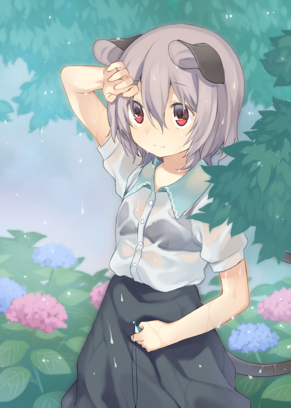 1girl akagashi_hagane animal_ears black_bra bra flower grey_hair grey_skirt hair_between_eyes highres jewelry looking_up mouse_ears mouse_tail nazrin pendant rain red_eyes see-through skirt skirt_set solo tail touhou tree under_tree underwear wet wet_clothes