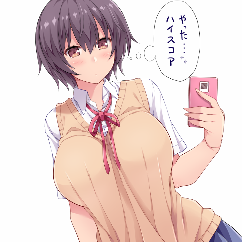 1girl arm_at_side bangs between_breasts black_hair blue_skirt blush breasts brown_eyes closed_mouth collared_shirt dress_shirt dutch_angle hair_between_eyes hasu_(hk_works) holding huge_breasts looking_at_viewer neck_ribbon original phone red_ribbon ribbon school_uniform shirt short_hair short_sleeves simple_background skirt solo sweater_vest thought_bubble translated upper_body white_background white_shirt