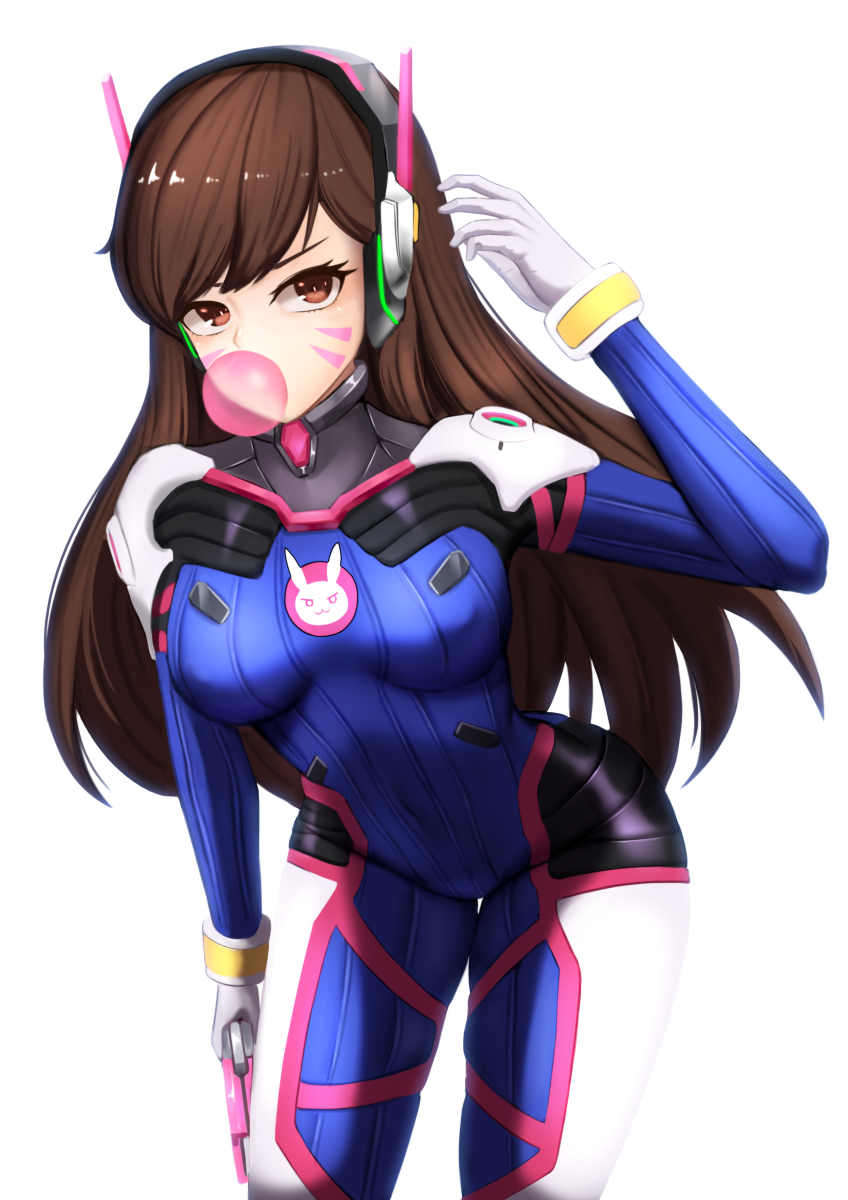 1girl bangs bodysuit breasts brown_eyes brown_hair bubble_blowing bubblegum covered_nipples d.va_(overwatch) daydream_(zhdkffk21) facial_mark gloves headphones highres leaning_forward long_hair looking_at_viewer overwatch pilot_suit skin_tight solo weapon whisker_markings white_gloves
