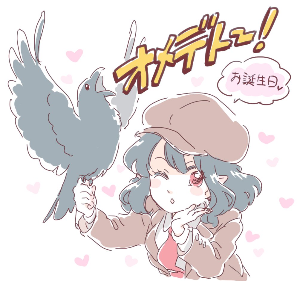 1girl alternate_costume bird black_hair crow hat heart mitsumoto_jouji necktie one_eye_closed pointy_ears red_eyes shameimaru_aya sketch solo touhou translation_request