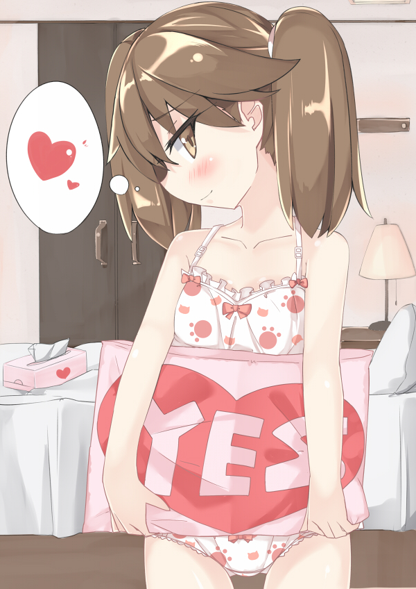 1girl bare_shoulders bed blush brown_eyes brown_hair closet heart kantai_collection lamp long_hair no_hat paw_print ryuujou_(kantai_collection) side_glance smile solo su-suke thought_bubble tissue_box underwear underwear_only yes-no_pillow