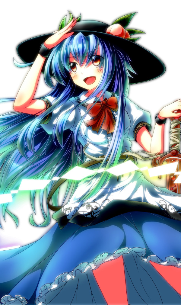 1girl :d belt black_hat blue_dress blue_hair blush bow bowtie clouds cowboy_shot dress food frills fruit hat hinanawi_tenshi leaf long_hair looking_away open_mouth orange_eyes peach puffy_short_sleeves puffy_sleeves rainbow_gradient rainbow_order red_bow red_bowtie red_eyes shirt short_sleeves smile solo sword_of_hisou touhou ugume white_shirt wing_collar