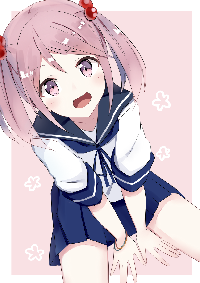 1girl :d arm_support between_legs blue_skirt from_above hair_bobbles hair_ornament hand_between_legs highres kantai_collection looking_at_viewer looking_up neckerchief open_mouth pink_eyes pink_hair pleated_skirt sailor_collar sazanami_(kantai_collection) school_uniform serafuku shikuro_(iorimiyakiyo) sitting skirt smile solo spread_legs twintails