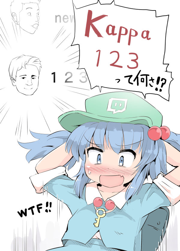 &gt;:d 1boy 1girl :d arms_behind_head blue_eyes blue_hair confused fang hair_bobbles hair_ornament kappa kappa_(twitch.tv) kawashiro_nitori key key_necklace logo meta namesake open_mouth pogchamp puuakachan short_hair smile touhou twitch.tv two_side_up what
