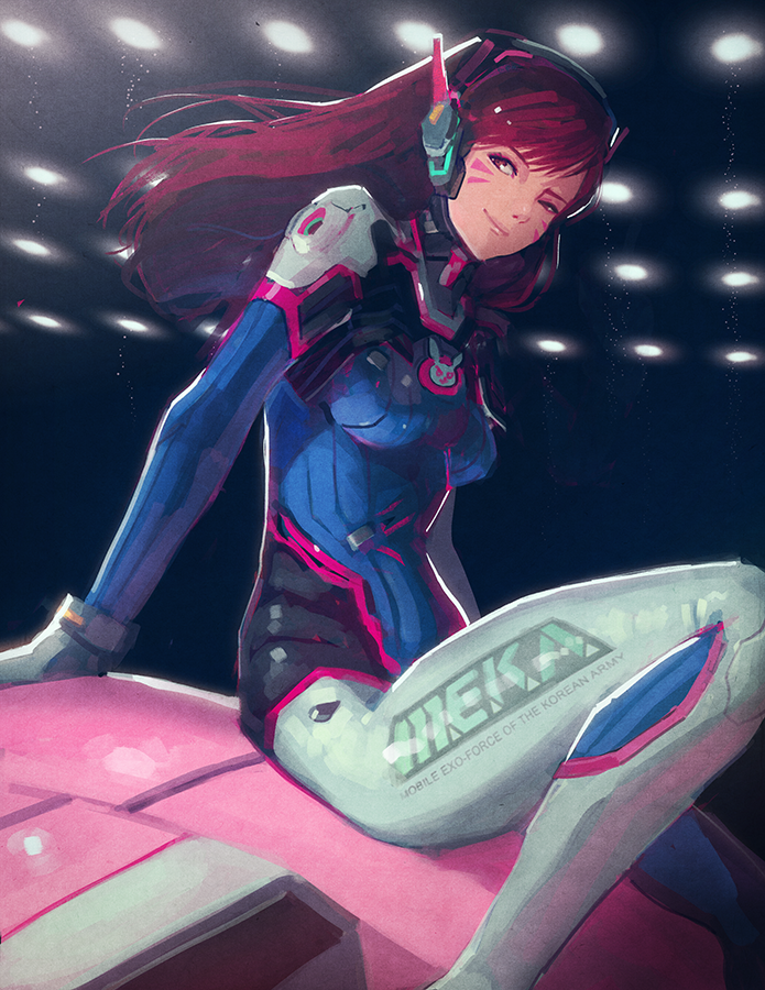 1girl arm_support biahnyang bodysuit breasts brown_eyes brown_hair clothes_writing cowboy_shot d.va_(overwatch) facial_mark gloves headphones leaning_back lights lips long_hair looking_at_viewer looking_to_the_side mecha overwatch pilot_suit sitting sitting_on_object smile smug solo whisker_markings white_gloves