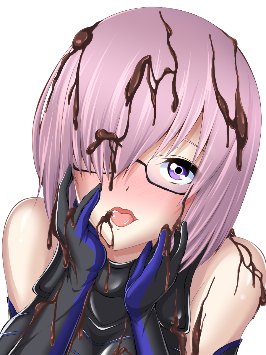 1girl :d bare_shoulders black-framed_glasses black_gloves blush chocolate elbow_gloves fate/grand_order fate_(series) glasses gloves hair_over_one_eye highres lavender_hair looking_at_viewer mousou_fukuza_gata nose_blush open_mouth semi-rimless_glasses sexually_suggestive shielder_(fate/grand_order) short_hair smile solo tongue tongue_out under-rim_glasses upper_body violet_eyes white_background