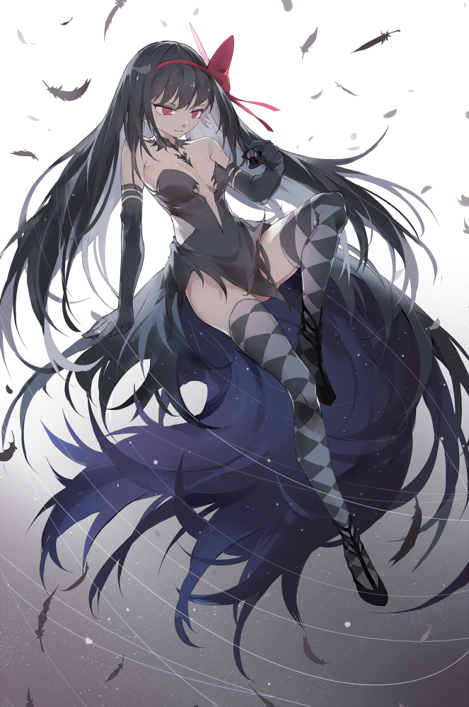 1girl akemi_homura akuma_homura argyle argyle_legwear black_hair black_wings choker dark_orb_(madoka_magica) elbow_gloves feathered_wings gloves long_hair mahou_shoujo_madoka_magica mahou_shoujo_madoka_magica_movie nine_(liuyuhao1992) red_eyes revision solo soul_gem spoilers thigh-highs wings