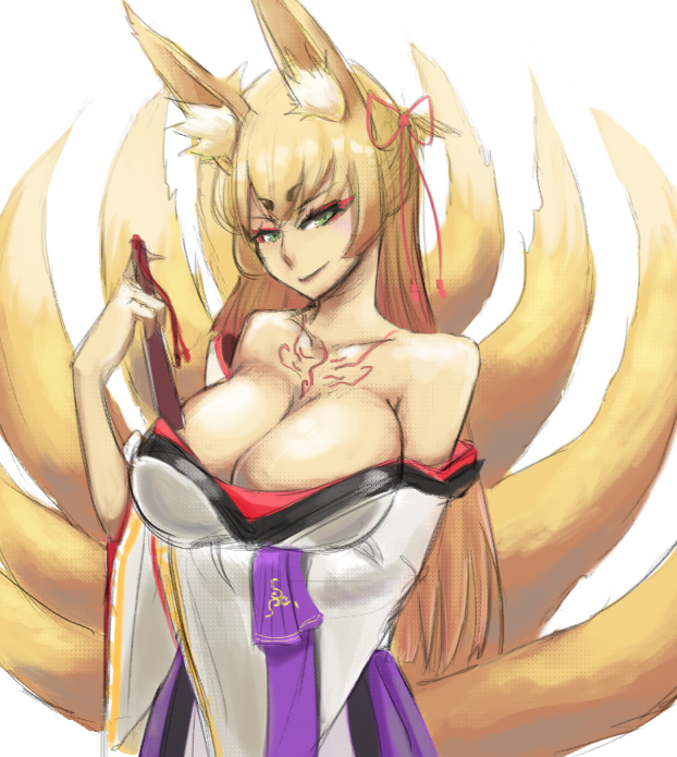 1girl animal_ears background bare_shoulders body_marking body_markings bow breasts cleavage closed_mouth diglett_(artist) dot_nose dress eyebrows eyebrows_visible_through_hair eyelashes eyelashes_visible_through_hair eyeliner fan fantasy fox_ears fur fur_in_ears green_eyes kitsune long_hair makeup mon-musu_quest! mon-musu_quest!:_chapter_3 monster_girl nontails red_marking red_markings red_tatto simple_background sleeveless smile smirk solo tamamo_(mon-musu_quest!) tatto torotoro_resistance traditional_clothes traditional_dress white_background