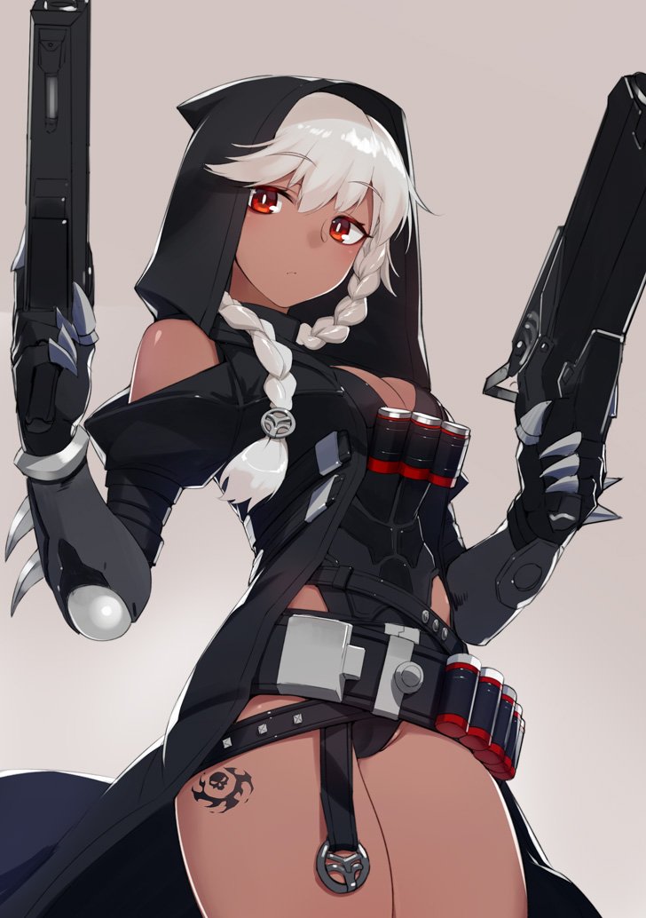 1girl ammunition_belt bare_shoulders braid dark_skin female genderswap gloves gun hood hooded_jacket ishitsu_kenzou jacket leotard overwatch reaper_(overwatch) red_eyes single_braid solo tattoo weapon white_hair