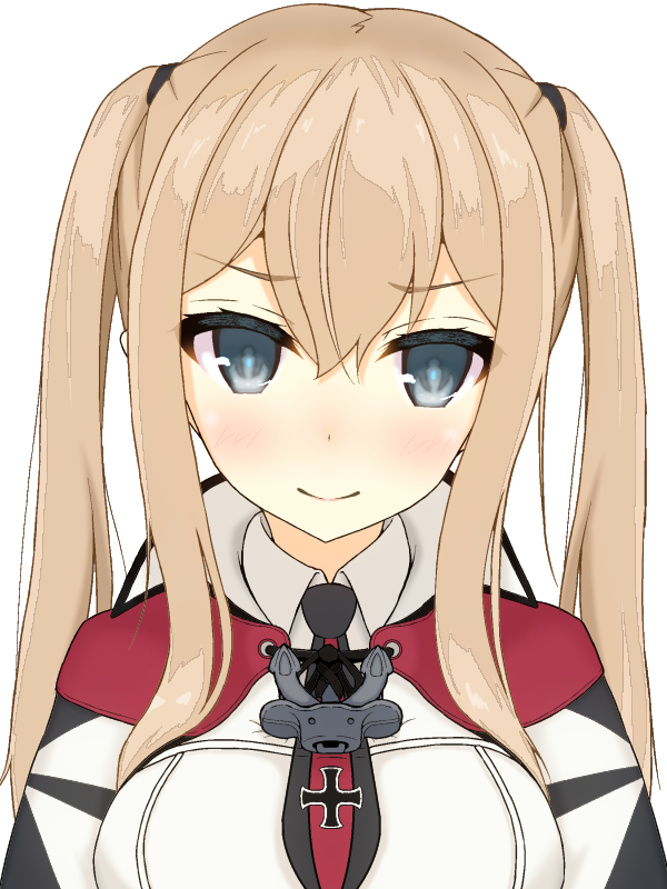 1girl asakura_meito blonde_hair blue_eyes capelet graf_zeppelin_(kantai_collection) kantai_collection looking_at_viewer military military_uniform necktie no_hat portrait sidelocks simple_background smile solo twintails uniform upper_body white_background