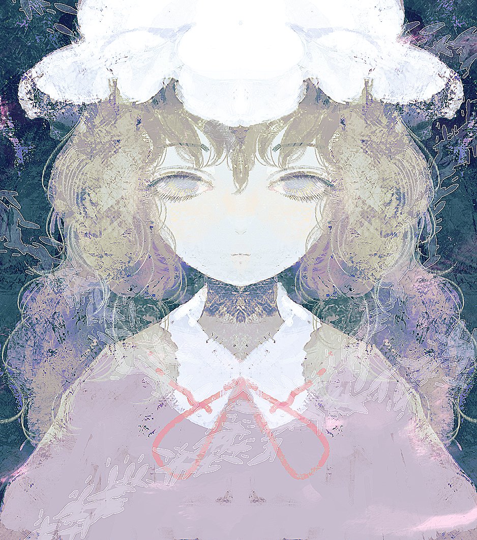 1girl anabone empty_eyes faux_traditional_media hat lavender_eyes long_hair maribel_hearn mob_cap red_ribbon ribbon solo touhou upper_body wavy_hair white_hat