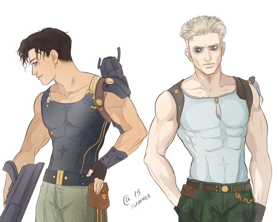 2boys abs bags_under_eyes blonde_hair brown_eyes brown_hair collarbone fingerless_gloves front_mission gloves grey_eyes gun hand_in_pocket hand_on_hip male_focus multiple_boys muscle pouch profile royd_clive sakata_ryuuji sasha_gladysh smile tank_top weapon