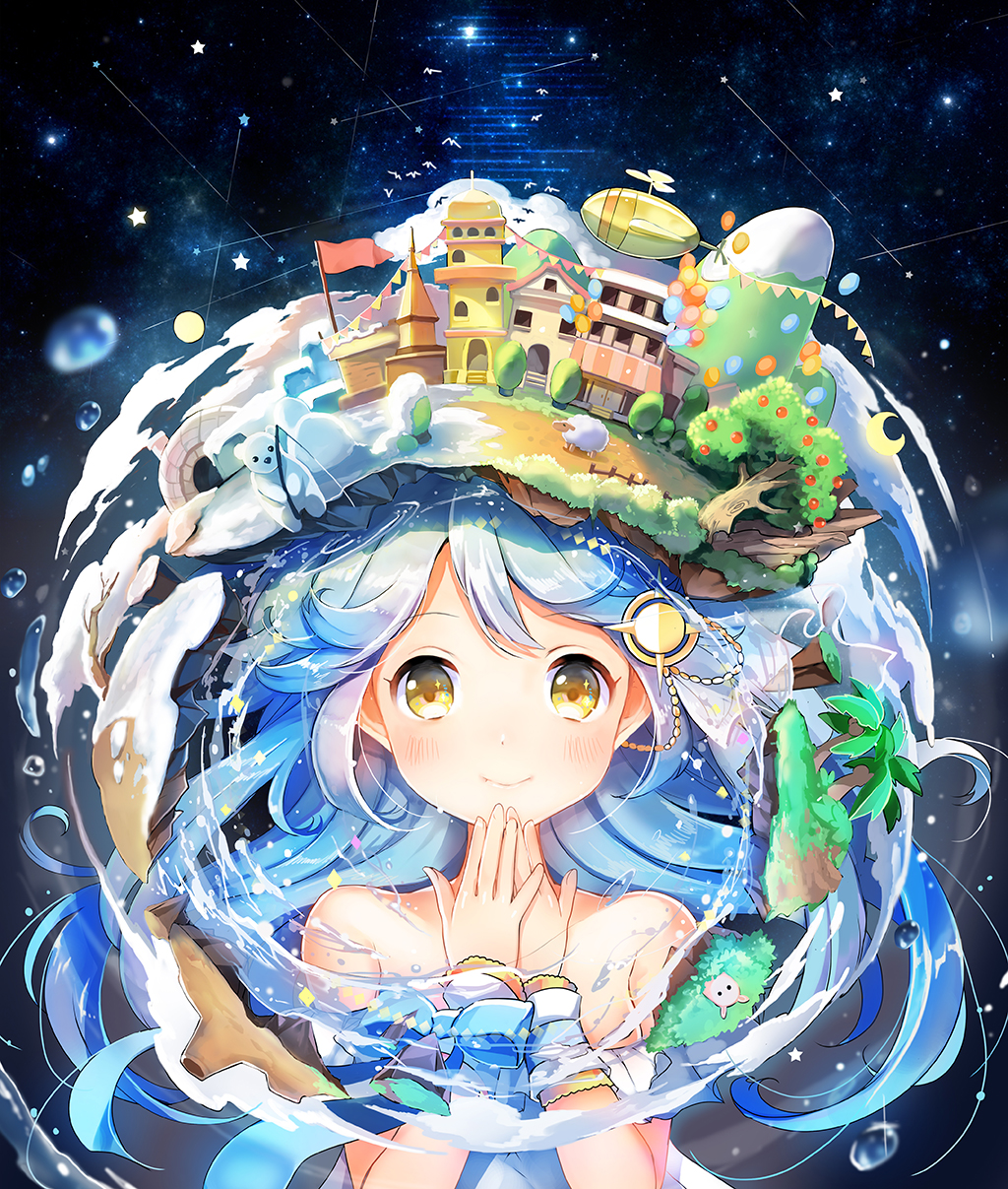 1girl :&gt; bare_shoulders bear blimp blue_hair blush building bush crescent_moon dirigible fishing_rod flag hair_ornament hands_together highres holding igloo long_hair looking_at_viewer moon original palm_tree polar_bear rabbit sheep sibyl snow snow_shelter solo star tree water_drop yellow_eyes
