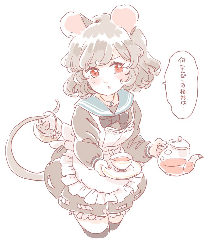 &gt;:o 1girl :o alternate_costume animal_ears apron basket blush cup grey_hair jewelry mitsumoto_jouji mouse mouse_ears mouse_tail nazrin open_mouth pendant red_eyes ribbon saucer short_hair sweatdrop tail teacup teapot thigh-highs touhou