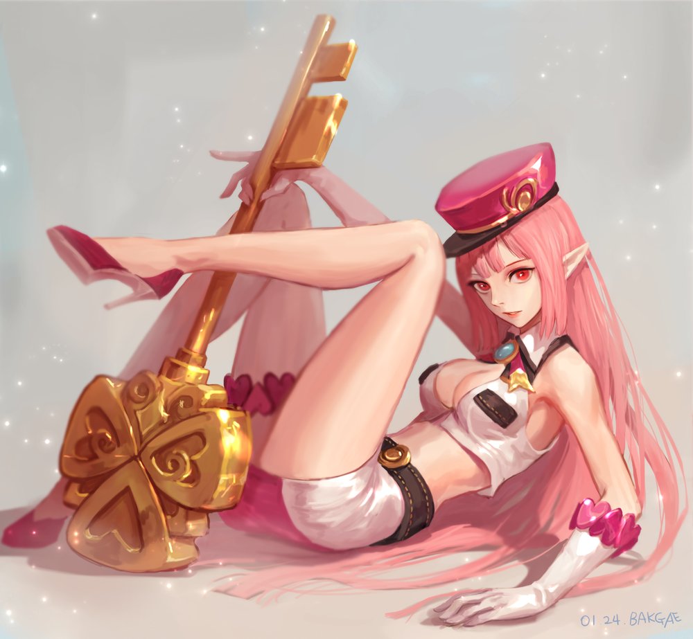 1girl artist_name artist_request belt breasts cleavage collar dated full_body gem gloves grey_background hat heart high_heels key leg_lift legs lips lying midriff miniskirt mouth nose pink pink_hair pointy_ears pose red_eyes red_shoes shoes skirt sleeveless solo watermark white_gloves