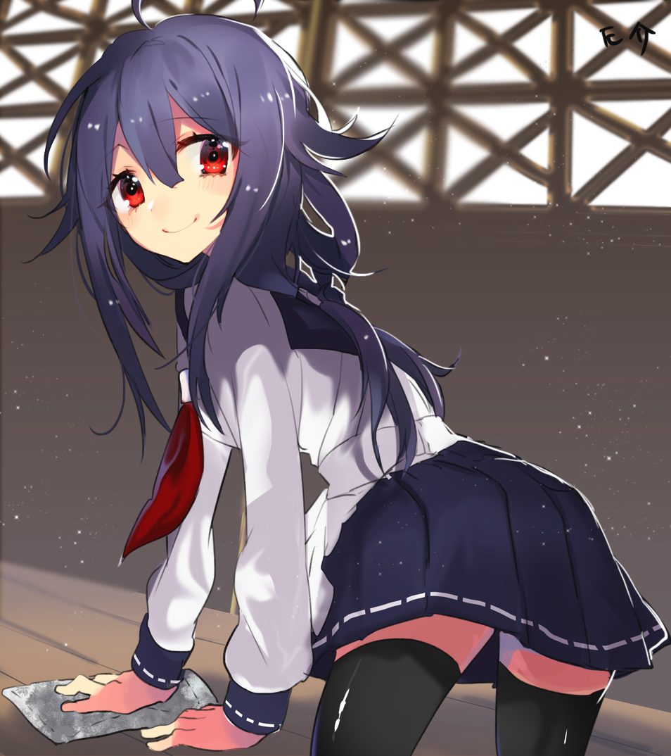 1girl ahoge all_fours black_legwear cleaning from_side hair_flaps kantai_collection long_hair looking_at_viewer low_twintails miniskirt neckerchief pleated_skirt purple_hair red_eyes school_uniform serafuku skirt taigei_(kantai_collection) thigh-highs twintails wooden_floor yakusuke