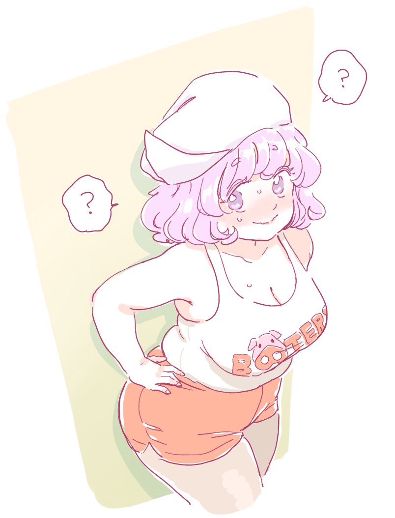 1girl ? blush breasts cleavage from_above hand_on_hip hat hooters large_breasts lavender_hair letty_whiterock mitsumoto_jouji parody pig plump short_hair short_shorts shorts simple_background sketch spoken_question_mark sweat touhou violet_eyes wavy_mouth