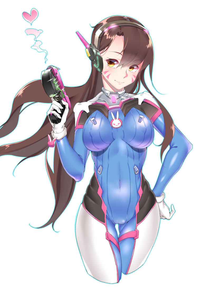 1girl bodysuit breasts brown_eyes brown_hair covered_navel covered_nipples cowboy_shot d.va_(overwatch) facial_mark finger_on_trigger gloves gun hand_on_hip handgun headphones heart holding holding_gun holding_weapon large_breasts light_smile long_hair looking_at_viewer overwatch pilot_suit pistol qing_lan simple_background smoke solo thigh_gap weapon whisker_markings white_background white_gloves