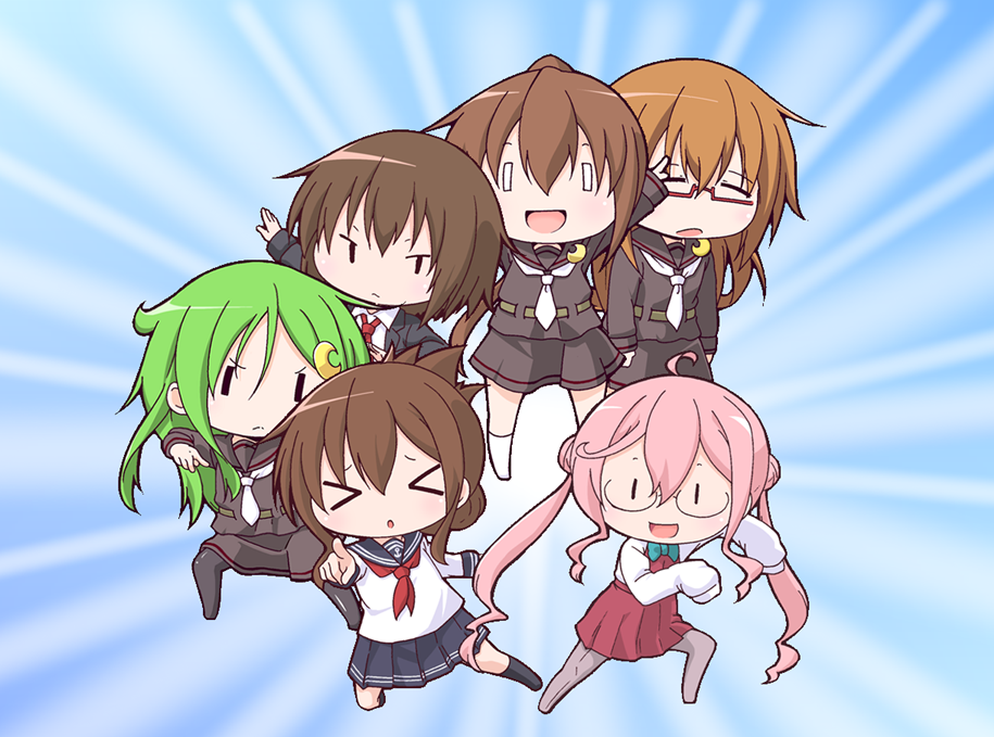 &gt;:&lt; &gt;_&lt; &gt;o&lt; 6+girls :d ahoge anchor_symbol arms_up belt black_legwear black_serafuku blazer blush bow bowtie brown_hair closed_eyes crescent crescent_hair_ornament crescent_moon_pin double_bun dress fumizuki_(kantai_collection) glasses green_hair hair_between_eyes hair_ornament inazuma_(kantai_collection) jacket kantai_collection kneehighs long_hair long_sleeves looking_at_viewer makigumo_(kantai_collection) masaki_itsuki mochizuki_(kantai_collection) multiple_girls nagatsuki_(kantai_collection) neckerchief necktie open_mouth outstretched_arms pantyhose pink_hair pleated_skirt ponytail pose purple_legwear school_uniform serafuku shirt short_hair skirt sleeveless sleeveless_dress sleeves_past_wrists smile thigh-highs twintails wakaba_(kantai_collection) white_legwear white_necktie white_shirt |_|